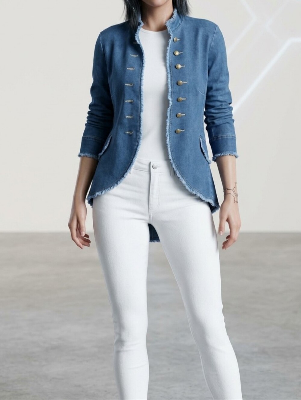 Lena Gabrielle denim open-front military-style blazer -12